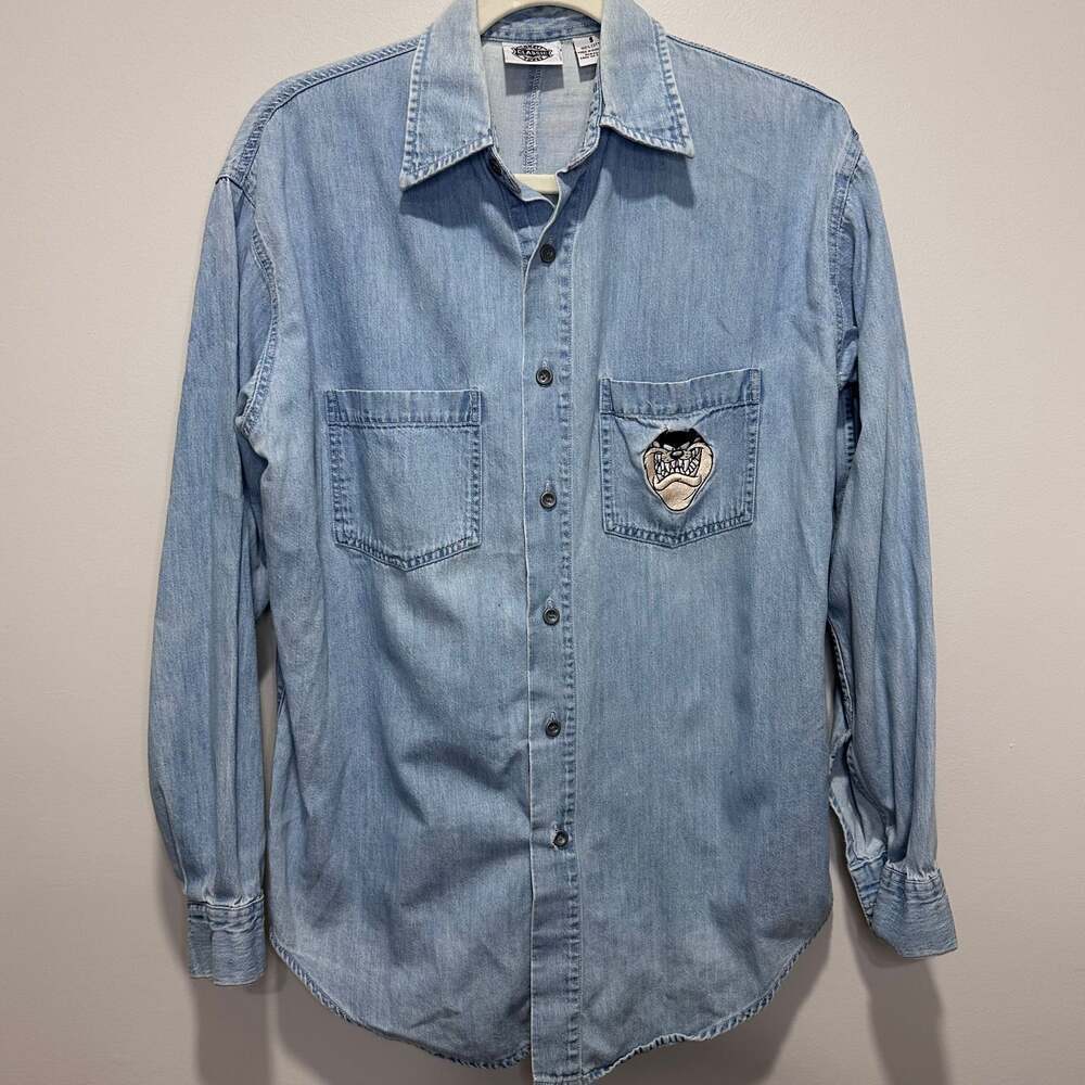 Vintage Looney Tunes 1995 Tasmanian Devil Embroidered Denim Shirt, Sz S